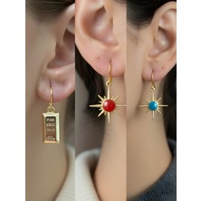 NKT Collection Mavi Kutup Yıldızı Kırmızı Kutup Yıldızı Külçe Altın Sembol Figürlü 3’lü Kadın Küpe Set