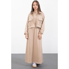 Cansın Mini Bej Fermuarlı Crop Ceketli Sıfır Kol Kız Çocuk Elbise Takımı  23411