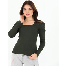 Pinpery Kadın Haki Yeşili Kolu Pileli Büzgülü Prenses Kol Kare Yaka Bluz Kazak