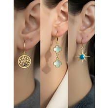 NKT Collection Mavi Kutup Yıldızı Turkuaz Yonca Hayat Ağacı Sembol Figürlü 3’lü Kadın Küpe Set