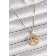 Eco Port 316L Çelik Gold Renk Zincir Zirkon Taşlı Yıldız Işleme Madalyon Model Kadın Kolye