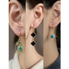 NKT Collection Mavi Kutup Yıldızı Siyah Yonca Tablet Kutup Yıldızı Sembol Figürlü 3’lü Kadın Küpe Set