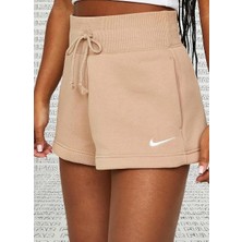 Nike Fleece Loose Fit Shorts Bol Kesim Yüksek Belli Polarlı Cepli Kadın Şort Bej