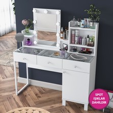 Rani BJ139 Hollywood Işıklı Aynalı Kulis Makyaj Masası 3 Çekmeceli Kapaklı Takı Düzenleyici Beyaz