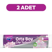 Parex Büzgülü Çöp Torbası Kiraz Çiçeği Kokulu 15'li Orta Boy 55 x 60 cm Ikili Paket