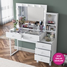 Rani BJ151 Hollywood Işıklı Aynalı Kulis Makyaj Masası Cam Tablalı 5 Çekmeceli Takı Düzenleyici Beyaz