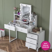 Rani BJ152 Hollywood Işıklı Aynalı Kulis Makyaj Masası Cam Tablalı 5 Çekmeceli Takı Düzenleyici Beyaz