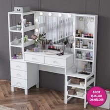 Rani BJ154 Hollywood Işıklı Aynalı Kulis Makyaj Masası 5 Çekmeceli Açık Raflı Takı Düzenleyici Beyaz