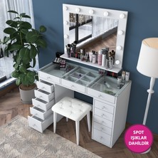 Rani BJ156 Hollywood Işıklı Aynalı Kulis Makyaj Masası Cam Tablalı 13 Çekmeceli Takı Düzenleyici Puf Takım Beyaz