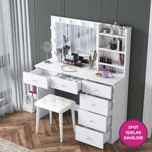 Rani BJ162 Hollywood Işıklı Aynalı Kulis Makyaj Masası 6 Çekmeceli Takı Düzenleyici Puf Takım Beyaz