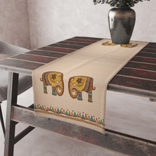Alkan Homes Krem Zemin Fil Temalı Leke Tutmaz Kumaş Kenarları Dikişli Dekoratif Masa Örtüsü Runner 45×100 cm