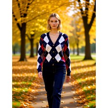 Benerly Kadın Argyle Desenli V Yaka Düğmeli Triko Hırka Rahat Kesim Uzun Kollu Şık Görünüm Sunan Hırka