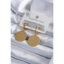 Eco Port 316L Çelik Gold Renk Pentagram Işleme Model Kadın Küpe