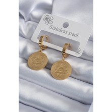 Eco Port 316L Çelik Gold Renk Pentagram Işleme Model Kadın Küpe