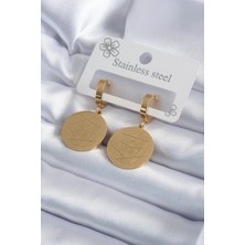 Eco Port 316L Çelik Gold Renk Pentagram Yıldızı Işleme Model Kadın Küpe