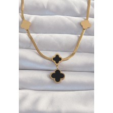 Eco Port 316L Çelik Gold Renk Italyan Zincirli Mineli Yonca Kolye