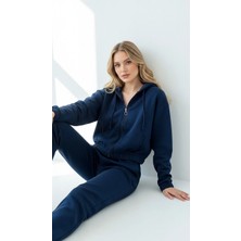 Kazax 3 Iplik Şardonlu Kapşonlu Fermuarlı Kısa Üst Lacivert PAT8590