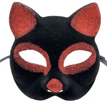 Ett Siyah Kırmızı Simli Süet Kedi Maskesi
