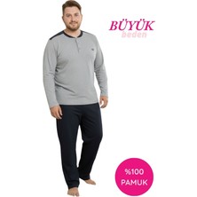 Bie's Erkek Açık Gri 3 Düğmeli Göğüs Cepli Mevsimlik Uzun Kol %100 Pamuk Büyük Beden Cepli Pijama Takımı