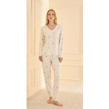 Kadın Krem V Yaka Kaşkorse Kumaş Uzun Kol Pijama Takımı Merimu