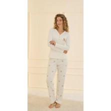 Kadın Açık Sarı V Yaka Kaşkorse Kumaş Uzun Kol Pijama Takımı Merimu