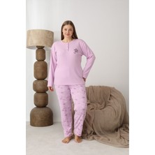 Meri Kadın Büyük Beden Battal Interlok Koyu Lila Uzun Kollu Düğmeli Kadın Pijama Takımı