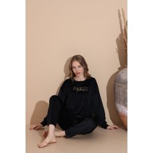 Kadın Siyah Kadife Uzun Kollu Yazılı Düz Renk Pijama Takımı Merimu K-200-47