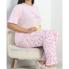 Meri Kadın Büyük Beden Yuvarlak Yaka Pembe Kısa Kol Desenli Pijama Takımı