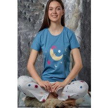 Meri Kadın Mavi Aydede Desenli Kısa Kol Sıfıryaka Likra Pamuklu Pijama Takımı