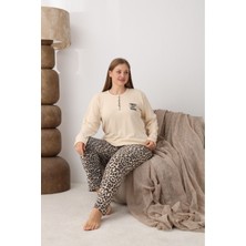 Meri Kadın Büyük Beden Battal Interlok Krem Leopar Uzun Kollu Düğmeli Kadın Pijama Takımı