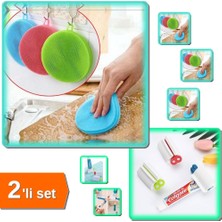 Hereveoyuncak 2 Adet Silikon Bulaşık Yıkama Fırçası Tükenmeyen + 1 Adet Çevirmeli Diş Macun Sıkacağı - 2li Set B1T