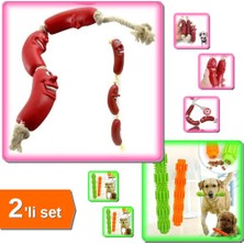 Hereveoyuncak Birbirine Bağlı 4 Adet Sosis 40 cm Oyuncak + Büyük Boy Mama Hazneli Köpek Isırma Oyuncağı - 2li Set