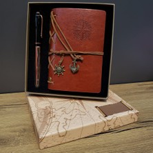 Deri Pusula Tasarımlı Defter ve Metal Kalem Seti