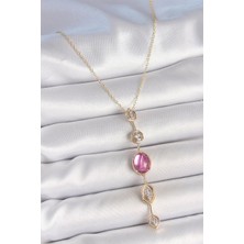 Eco Port Pirinç Zincir Gold Renk Pembe Zirkon Taşlı Y Kolye