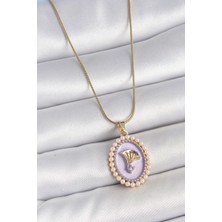 Eco Port 316L Çelik Gold Renk Zincir Mor Mineli Incili Zirkon Taşlı Çiçek Işlemeli Portre Model Kadın Kolye