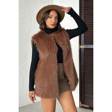 Caddebostan Moda Açık Kahve Tüylü Uzun Kürk Şık Premium Luxury Trend Özel Tasarım Kadın Yelek