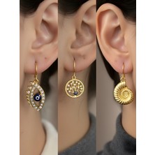 NKT Collection Deniz Kabuğu Hayat Ağacı Nazar Göz Sembol Figürlü 3’lü Kadın Küpe Set