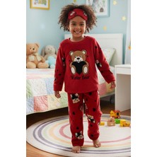 Gri Mor Tekstil Kız Çocuk Kırmızı Ayıcık Desenli Göz Bantlı Peluş Polar Pijama Takımı