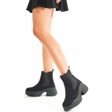 Zerenyus ZRİN-2400 Premium Siyah Süet Yüksek Tabanlı Lastikli Günlük Kadın Bot