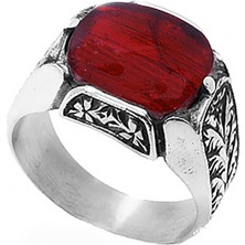 Besen Gümüş Kırmızı Taşlı Elde Kalem İşlemeli Erkek Yüzük