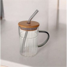 Tohana Bambu Kapaklı Cam Pipetli Kupa 420 ml