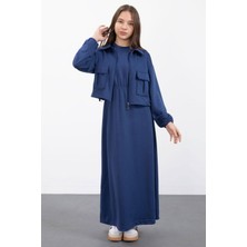 Cansın Mini Lacivert Fermuarlı Crop Ceketli Sıfır Kol Kız Çocuk Elbise Takımı  23410