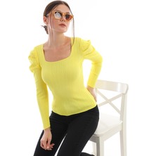 Pinpery Kadın Sarı Kolu Pileli Büzgülü Prenses Kol Kare Yaka Bluz Kazak