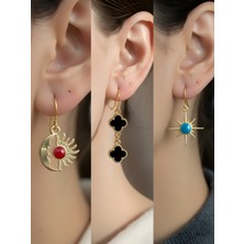 NKT Collection Mavi Kutup Yıldızı Siyah Yonca Ay Güneş Sembol Figürlü 3’lü Kadın Küpe Set