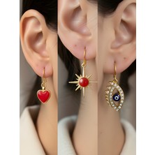 NKT Collection Kırmızı Kutup Yıldızı Nazar Göz Kırmızı Kalp Sembol Figürlü 3’lü Kadın Küpe Set