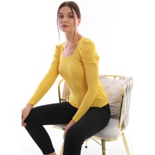 Pinpery Kadın Hardal Kolu Pileli Büzgülü Prenses Kol Kare Yaka Bluz Kazak