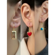 NKT Collection Mavi Kutup Yıldızı Kırmızı Kalp Külçe Altın Sembol Figürlü 3’lü Kadın Küpe Set