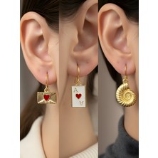 NKT Collection Deniz Kabuğu Kupa As Kalp Zarf Sembol Figürlü 3’lü Kadın Küpe Set