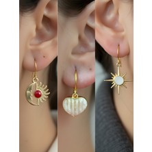 NKT Collection Beyaz Kutup Yıldızı Beyaz Kalp Ay Güneş Sembol Figürlü 3’lü Kadın Küpe Set