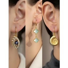 NKT Collection Deniz Kabuğu Turkuaz Yonca Nazar Göz Sembol Figürlü 3’lü Kadın Küpe Set